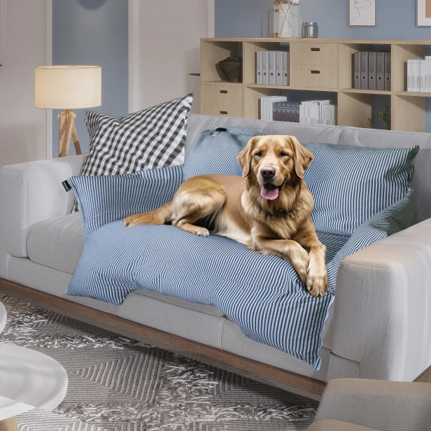 Pies leży na szarej sofie, zabezpieczonej niebiesko-białym, wodoodpornym pokrowcem/legowiskiem w pasy, chroniącym mebel przed sierścią i brudem.