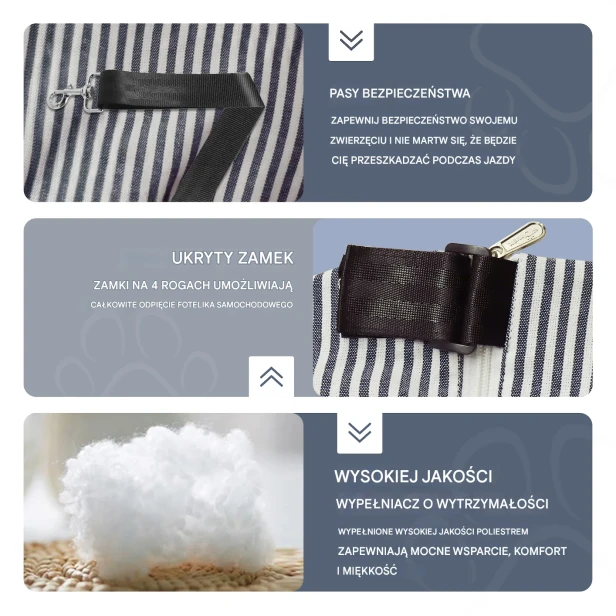 Detale: Legowisko samochodowe dla psa – Pasy bezpieczeństwa, ukryte zamki i wypełnienie poliestrem