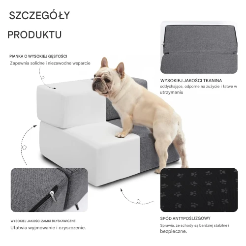 Beżowy buldog francuski wchodzi na dwupoziomowe, biało-szare schodki dla psa. Grafika przedstawia szczegóły produktu: piankę o wysokiej gęstości, wysokiej jakości tkaninę, zamek błyskawiczny ułatwiający czyszczenie oraz spód antypoślizgowy.