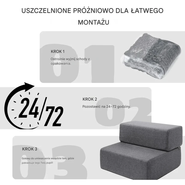 Instrukcja montażu schodków dla psa: Schody piankowe pakowane próżniowo – Czas rozprężenia (24-72h)