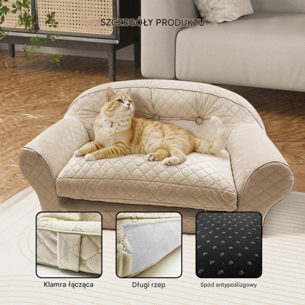 Szczegóły produktu, Kanapa dla Psa i Kota z Antypoślizgowym Spodem | Beżowe Pikowane Legowisko z Rzepem i Klamrą | Welur Premium