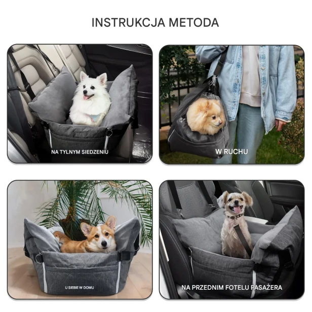 instrukcją i metody przedstawiają wszechstronność użycia fotelika samochodowego dla psa.