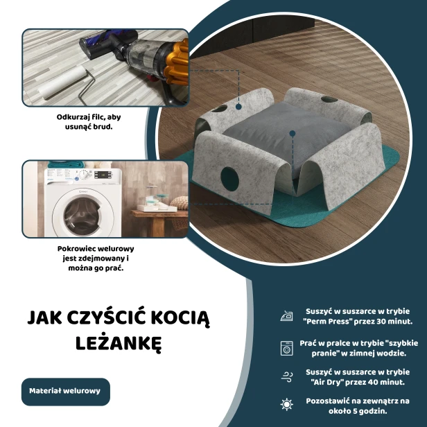 Grafika jak Czyścić Kocią Leżankę z Filcu – Pielęgnacja Legowiska i Welurowego Pokrowca