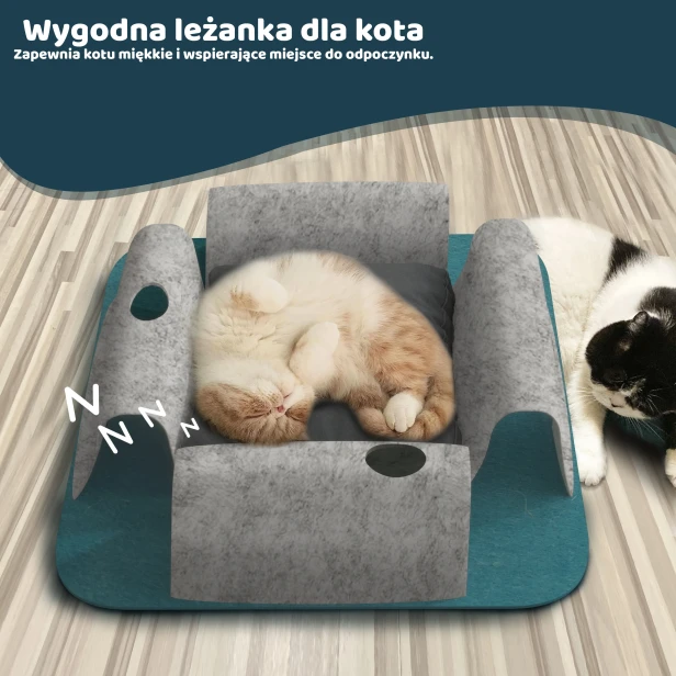Zdjęcie przedstawia luksusową i innowacyjną leżankę dla kota, wykonaną z miękkiego, szarego filcu na turkusowej podstawie.