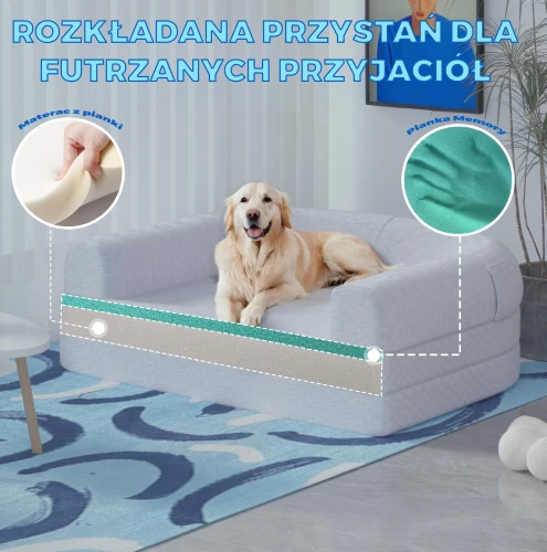 Zdjęcie prezentuje szarą, rozkładaną sofę/legowisko dla psa z widocznym przekrojem materiału, podkreślającym warstwy pianki (materac z pianki i pianka Memory) dla komfortu. Na sofie leży uśmiechnięty pies rasy Golden Retriever.