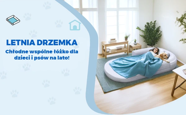 Duże, owalne, białe legowisko/łóżko. Na nim śpi dziewczynka przykryta jasnoniebieskim kocem, przytulona do psa rasy Golden Retriever.