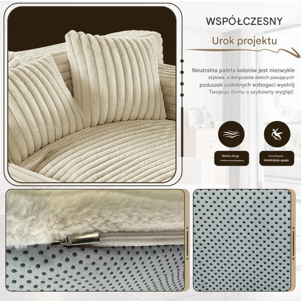 Współczesny Urok Projektu kremowego szezlonga sztruksowego. Podkreśla miękkie poduszki, neutralną paletę kolorów, wytrzymały zamek błyskawiczny oraz antypoślizgową konstrukcję spodu