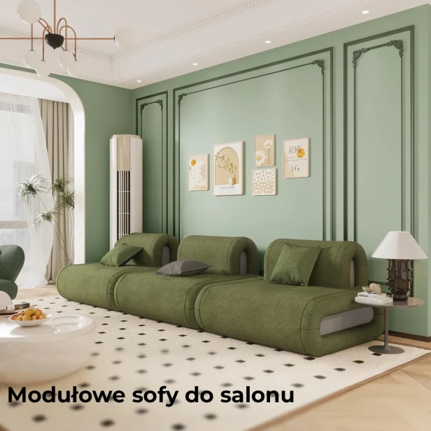 Modułowe sofy w leśnej zieleni, złożone z trzech segmentów, ustawione w eleganckim salonie z miętową sztukaterią.