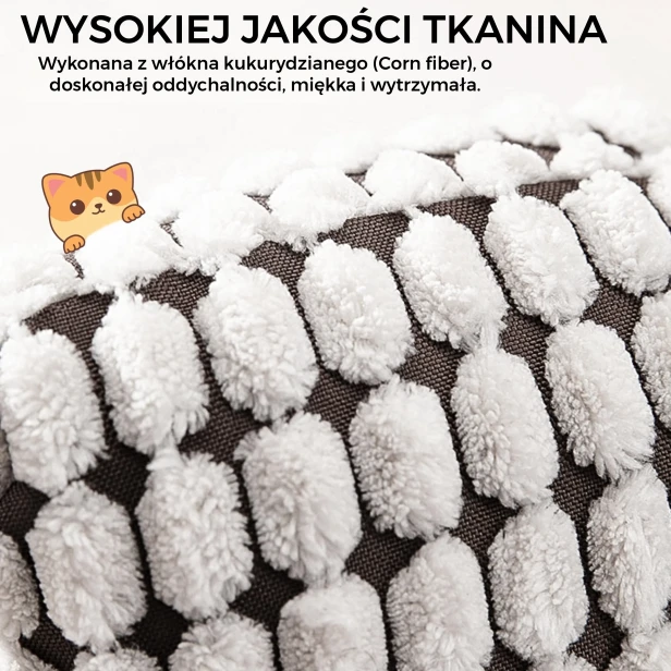 Zdjęcie makro przedstawiające fakturę i detale tkaniny na legowisku dla zwierząt. Napis informuje, że jest to wysokiej jakości tkanina z włókna kukurydzianego (Corn fiber)