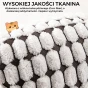 Zdjęcie makro przedstawiające fakturę i detale tkaniny na legowisku dla zwierząt. Napis informuje, że jest to wysokiej jakości tkanina z włókna kukurydzianego (Corn fiber)