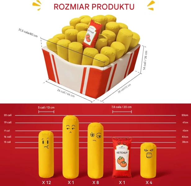 Grafika przedstawiająca dokładne wymiary w calach i centymetrach dużego fotela worka sako w kształcie kartonu frytek oraz specyfikację liczby i rozmiarów poszczególnych poduszek wchodzących w skład zestawu.