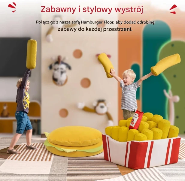 Dwójka dzieci bawi się w pokoju obok fotela worka sako "Frytki" i komplementarnej, okrągłej sofy podłogowej w kształcie hamburgera. Napis na obrazie to "Zabawny i stylowy wystrój".