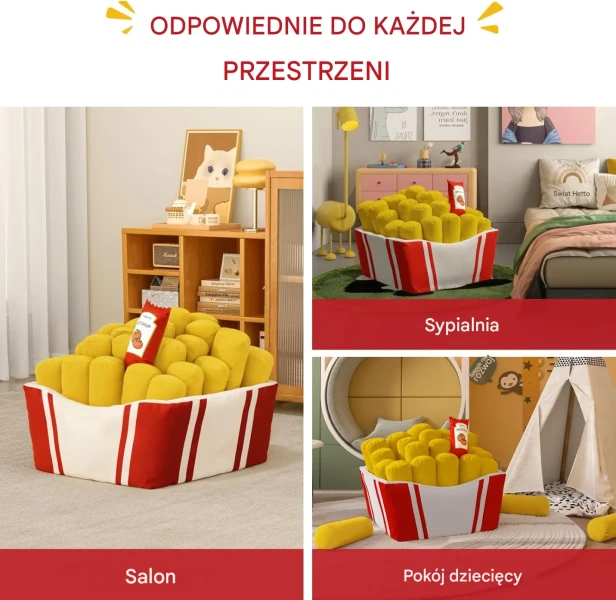 Kolaż trzech zdjęć przedstawiających duży fotel worek sako "Frytki" umieszczony w różnych wnętrzach.