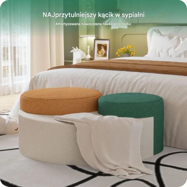 Infografika reklamowa prezentująca pufy modułowe (w kolorach zielonym, pomarańczowym i beżowym) jako amortyzowaną, nowoczesną ławkę ustawioną u stóp łóżka w sypialni.