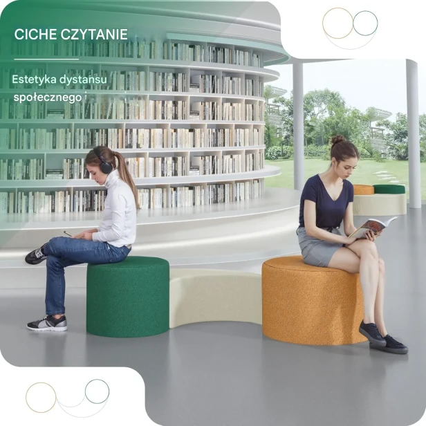 Infografika promująca pufy modułowe (zieleń, pomarańcz, beż) jako meble do cichego czytania w nowoczesnej bibliotece lub poczekalni.