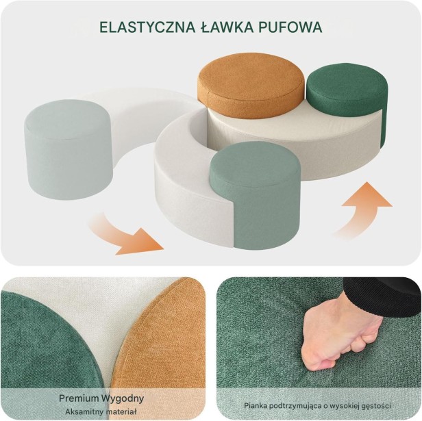 Infografika z detalami: pufy z aksamitnego materiału premium i pianki podtrzymującej o wysokiej gęstości.