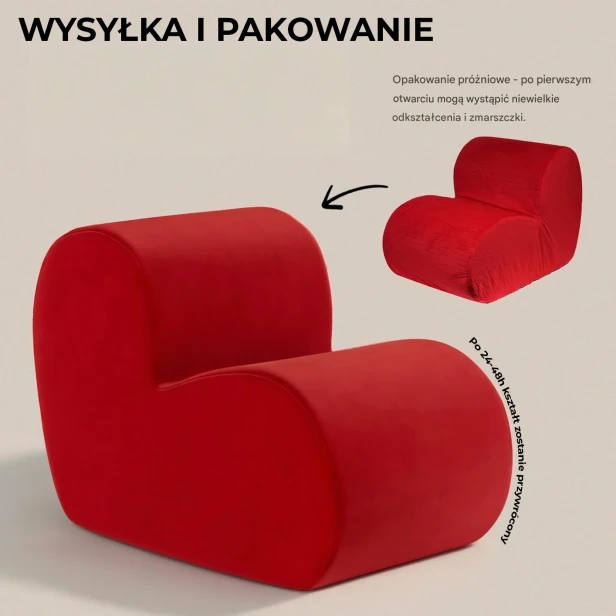 Infografika wyjaśniająca proces pakowania próżniowego czerwonego fotela modułowego w kształcie serca.