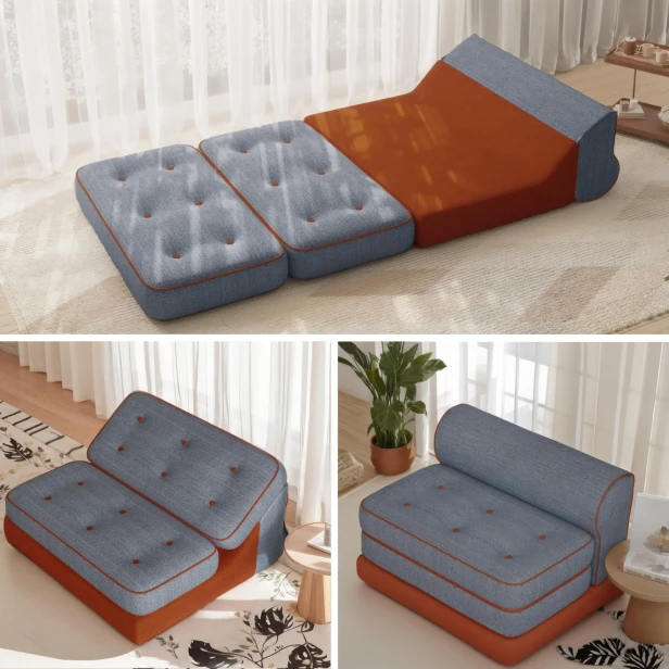 Zestaw 3 zdjęć prezentujących wszechstronną kanapę modułową w odcieniach szarości i pomarańczu.