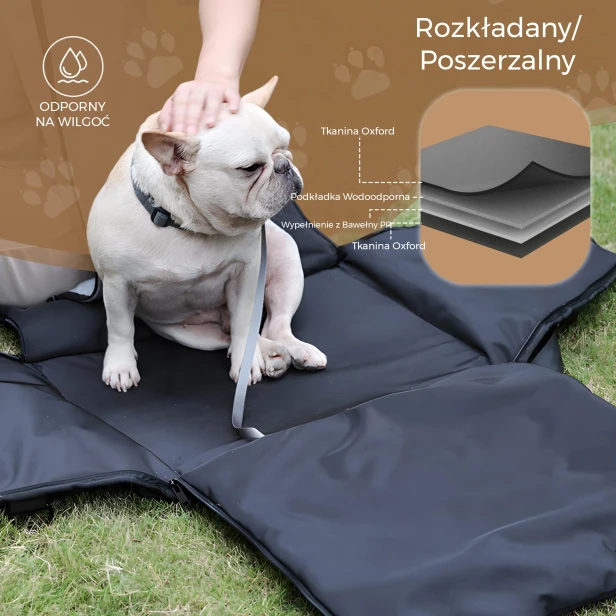 Buldog Francuski siedzący na rozkładanej, czarnej, wodoodpornej macie piknikowej. Schemat budowy maty.