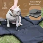 Buldog Francuski siedzący na rozkładanej, czarnej, wodoodpornej macie piknikowej. Schemat budowy maty.