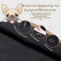 Grafika promująca materiał na legowisko dla psa: odporność na ścieranie, łatwe czyszczenie sierści i wodoodporność.