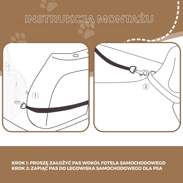 Schemat instrukcji montażu legowiska samochodowego dla psa: założenie pasa wokół fotela i zapięcie do legowiska