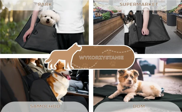Kolaż pokazujący wykorzystanie produktu dla psa: pies w torbie w parku, w supermarkecie, Corgi w foteliku samochodowym i szczeniak na macie w domu.