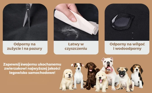 Grafika promująca cechy legowiska: odporność na pazury, łatwość czyszczenia, wodoodporność i grupa uroczych szczeniąt.