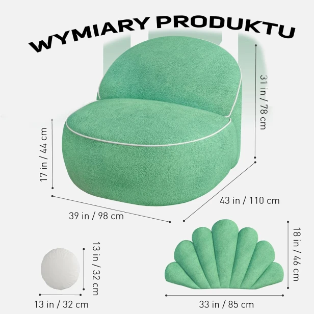Wymiary pufy muszli zielonej z poduszkami: 78 cm wysokości, 110 cm głębokości