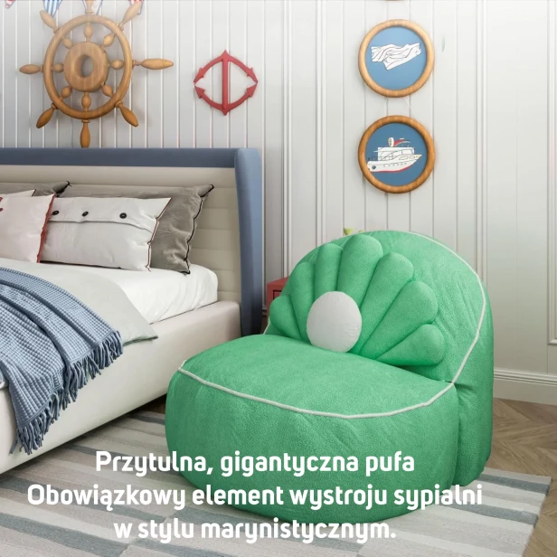 Pufa Muszla Gigant - Fotel Sako Zielony do Sypialni w Stylu Marynistycznym