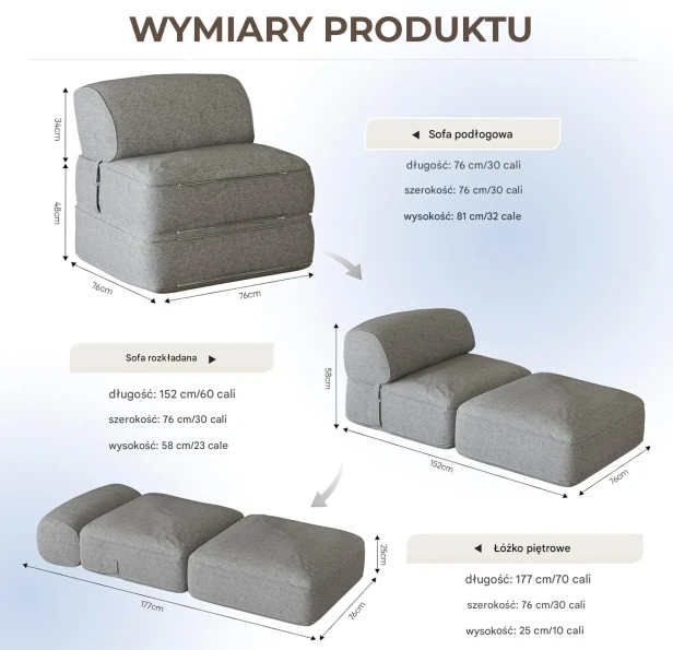 Sofa Rozkładana Nimbus, wymiary produktu.