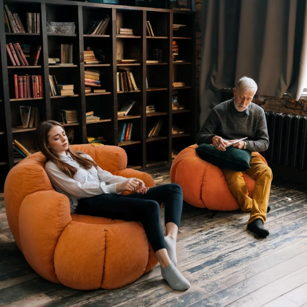 Na fotelach, pufach w kształcie dyni siedzą dwie osoby w różnym wieku.