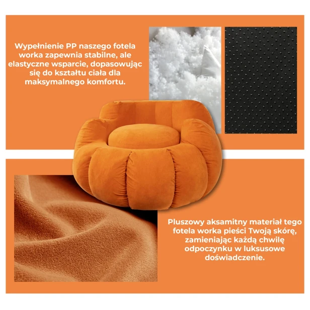 Zdjęcie przedstawiające białe, puszyste wypełnienie PP oraz tkanina welurowa w kolorze pomarańczowym.