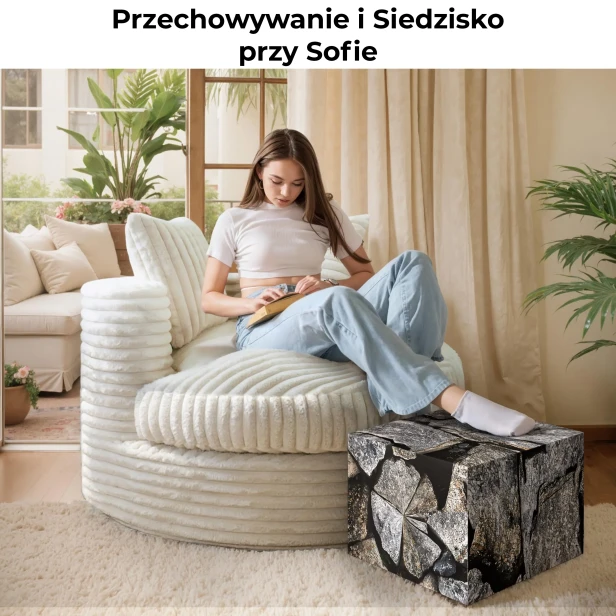 Nowoczesny podnóżek, pufa. Kobieta na fotelu z podnóżkiem.