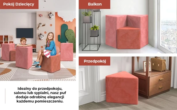 Zestaw 3 modułowych puf w kolorze lawendowym. Zastosowanie Pufy Modułowej