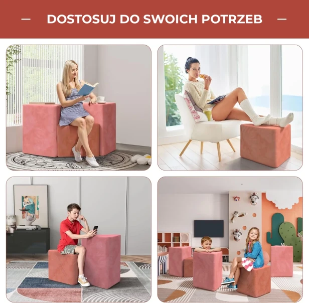 Zestaw 3 modułowych puf w kolorze lawendowym. Odkryj wszechstronność naszych puf! Idealne do czytania, jako podnóżek, meble do pokoju dziecięcego i elastyczne siedziska dla młodzieży. Dostosuj mebel do swoich potrzeb!