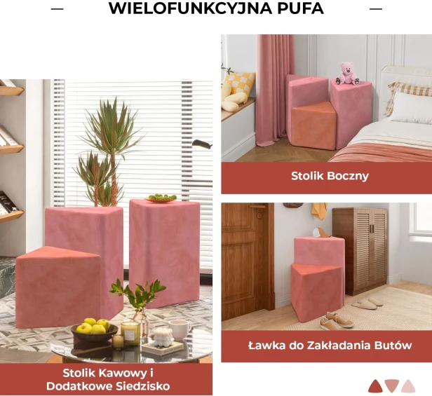 Zestaw 3 modułowych puf w kolorze lawendowym. Odkryj wszechstronność! Wielofunkcyjna pufa otomana łączy funkcje stolika kawowego, stolika bocznego i ławki do zakładania butów. Idealny modułowy mebel do przedpokoju i salonu.