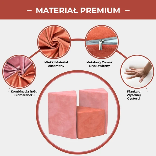 Pufa z materiału premium! Miękki aksamit/welur, wypełnienie pianką o wysokiej gęstości i trwały metalowy zamek błyskawiczny. Stylowa kombinacja różu i pomarańczu.