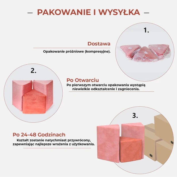 Zestaw 3 modułowych puf w kolorze lawendowym. Pakowanie próżniowe gwarantuje bezpieczeństwo. Pełny kształt pufy przywraca się w 24-48 godzin. Brak montażu!