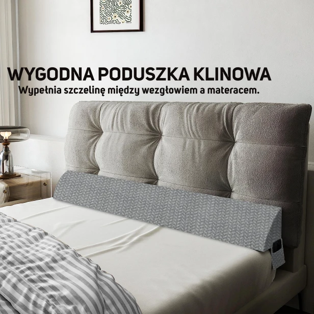 Poduszka Klinowa XXL Szara, aranżacja w sypialni i napis "WYGODNA PODUSZKA KLINOWA Wypełnia szczelinę między wezgłowiem a materacem."