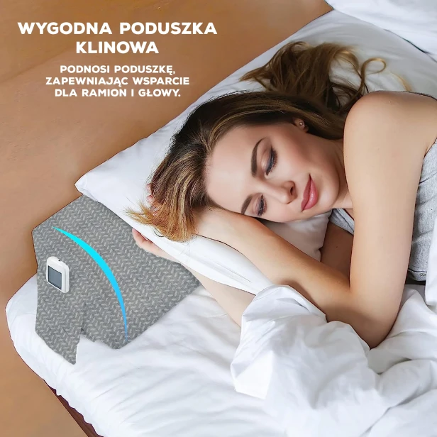 Kobieta śpi na Poduszka Klinowa XXL Szara, napis "WYGODNA PODUSZKA KLINOWA PODNOSI PODUSZKĘ, ZAPEWNIAJĄC WSPARCIE DLA RAMION I GŁOWY."