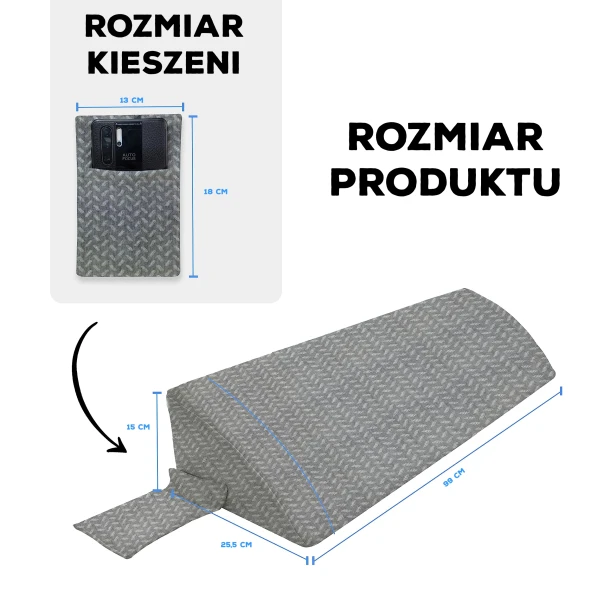 Graficzna prezentacja rozmiarów podłużnej poduszki klinowej xxl w kolorze szarym oraz jej bocznej kieszeni.