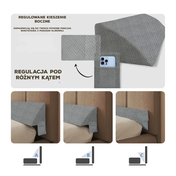 Wielofunkcyjna, szara poduszka klinowa XXL, grafika przedstawiająca możliwości regulacji kieszeni.