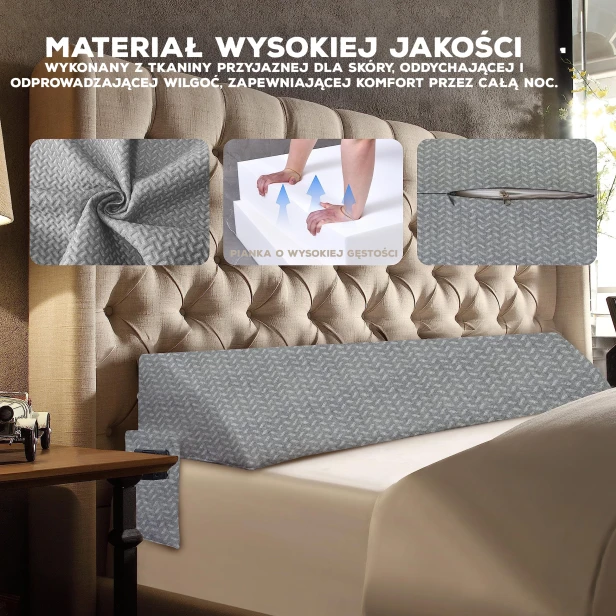Klinowa Poduszka do Łóżka: Prezentacja Cech (Oddychająca Tkanina, Pianka Wysokiej Gęstości, Zamek).