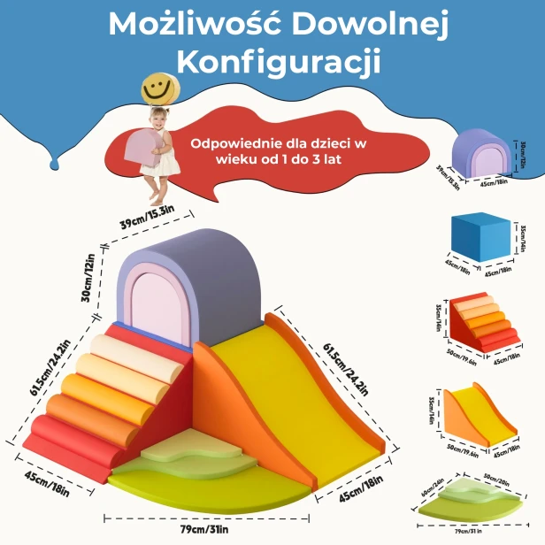 Piankowy Zestaw Wspinaczkowy dla Dzieci, zestaw do wspinania, zjeżdżalnia piankowa, możliwości konfiguracji.