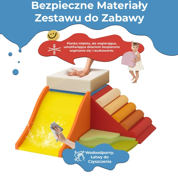 Graficzna ilustracja cech materiałowych Piankowego Zestawu Wspinaczkowego dla Dzieci.