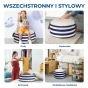 "WSZECHSTRONNY I STYLOWY" prezentacja okrągłej Pufy z Pojemnikiem (Schowkiem) w granatowo-białe pasy w czterech różnych rolach.