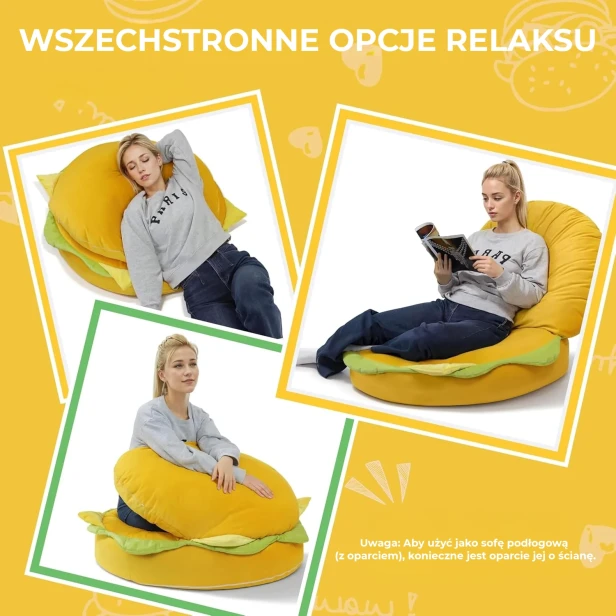Grafika "WSZECHSTRONNE OPCJE RELAKSU" promuje pufę w kształcie hamburgera jako wielofunkcyjne siedzisko.