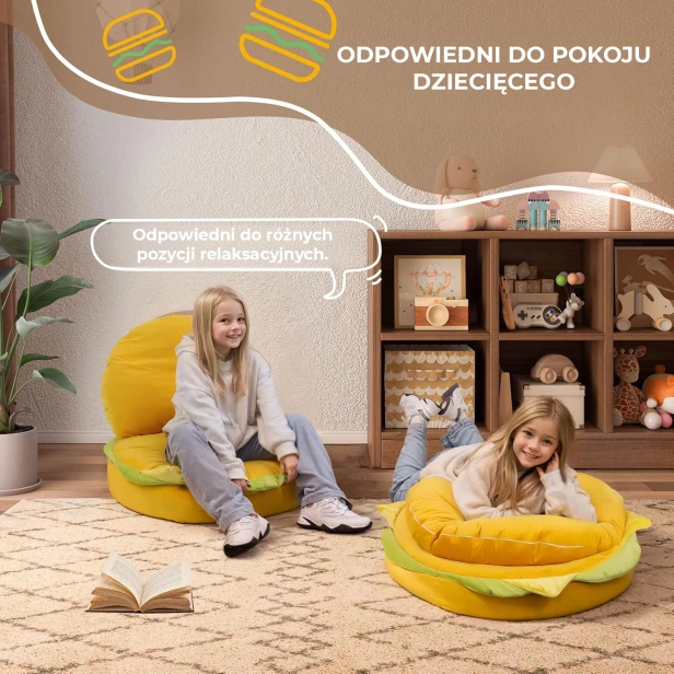"ODPOWIEDNI DO POKOJU DZIECIĘCEGO", przedstawia dwie dziewczynki bawiące się i relaksujące na pufach w kształcie hamburgera.