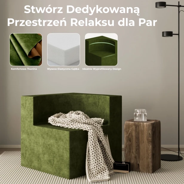 Fotel "Aksamitny Uścisk" aranżacja w salonie, idealny dla par.